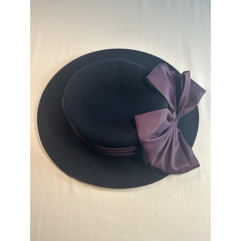 Michael Howard Wool Bow Hat Women OS Black Vintage Wide Brim Satin Trim